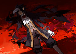 Rule 34 | 1boy, ascot, black hair, boots, cape, disgaea, formal, gloves, hair over one eye, long hair, makai senki disgaea 4, male focus, pants, pants tucked in, pointy ears, ponytail, red background, red eyes, solo, starshadowmagician, suit, valvatorez (disgaea), vampire, white gloves