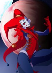 Rule 34 | 1girl, cape, chrono cross, facepaint, gloves, hat, jester cap, lipstick, looking at viewer, makeup, moon, outstretched hand, pants, red eyes, smile, solo, harle (chrono cross), yume developing