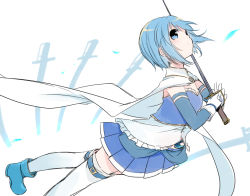 Rule 34 | 10s, 1girl, ankle boots, bad id, bad pixiv id, bare shoulders, blue eyes, blue hair, boots, cape, detached sleeves, gloves, magical girl, mahou shoujo madoka magica, mahou shoujo madoka magica (anime), matching hair/eyes, miki sayaka, mizuki (koko lost), short hair, skirt, solo, sword, thighhighs, weapon, white background, white gloves, white thighhighs, zettai ryouiki