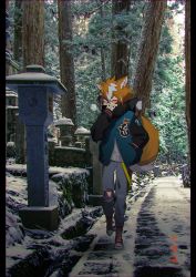 Rule 34 | 1boy, absurdres, animal ears, blouse, dog tail, full body, genshin impact, gorou (genshin impact), hair between eyes, highres, jacket, male focus, photo background, real world location, scarf, shirt, snow, solo, tail, torn clothes, u0rei, white shirt