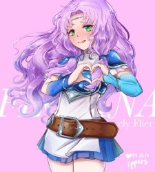 Rule 34 | 1girl, armor, blush, dress, fingerless gloves, fire emblem, fire emblem: the blazing blade, florina (fire emblem), gloves, green eyes, heart, heart hands, ippers, jewelry, long hair, looking at viewer, moe moe kyun!, nintendo, pegasus knight uniform (fire emblem), purple hair, simple background, single glove, smile, solo, thighhighs