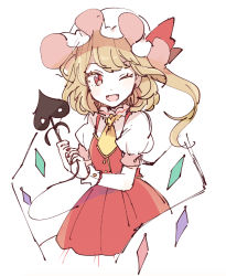 Rule 34 | 1girl, blonde hair, commentary request, cowboy shot, dress, flandre scarlet, hat, hat ribbon, holding, laevatein (touhou), long hair, looking at viewer, mob cap, mozukuzu (manukedori), nail polish, one eye closed, one side up, puffy short sleeves, puffy sleeves, red dress, red eyes, red nails, red ribbon, ribbon, shirt, short sleeves, simple background, smile, solo, touhou, white background, white hat, white shirt, wings, wrist cuffs, yellow neckwear