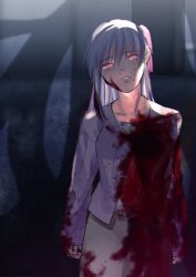 Rule 34 | 1girl, blood, blood in hair, blood on clothes, blood on face, blood on hands, cowboy shot, expressionless, fate/stay night, fate (series), glowing, glowing eyes, grey skirt, hair ribbon, heaven&#039;s feel, jacket, long hair, matou sakura, momoka (abc momoka0718), parted lips, pink eyes, purple hair, purple jacket, ribbon, shadow, skirt, solo