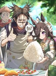 1girl 2boys animal_ears apron bird blue_bird brown_hair cake character_request cherry_tomato closed_eyes cracker croissant crossover facial_mark food hair_over_one_eye highres horse_ears horse_girl itadori_yuuji jujutsu_kaisen korokoro_nekoz long_hair multiple_boys one_eye_covered onigiri pink_hair purple_eyes rice_shower_(umamusume) rice_shower_(yummy_dreamy_fairy)_(umamusume) score strawberry_shortcake thumbs_up tomato umamusume watermark white_apron