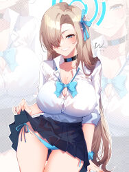Rule 34 | 1girl, absurdres, artist name, asuna (blue archive), black choker, black skirt, blonde hair, blue archive, blue eyes, blue panties, blue ribbon, blue scrunchie, breasts, buttons, choker, cleavage, clothes lift, collarbone, collared shirt, hair over one eye, hair ribbon, halo, highres, large breasts, lifting own clothes, long hair, panties, pleated skirt, ribbon, school uniform, scrunchie, shirt, shirt tucked in, side-tie panties, skirt, skirt lift, smile, solo, underwear, weiic, white shirt, wrist scrunchie