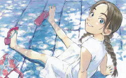 Rule 34 | 00s, 1girl, abenobashi mahou shoutengai, absurdres, arm support, asahina arumi, barefoot, blue eyes, braid, brown hair, dappled sunlight, dress, feet, gainax, grin, highres, looking at viewer, looking back, official art, on ground, sandals, shoes, signature, single shoe, sitting, sleeveless, smile, solo, sunlight, toes, tree shade, twin braids, white dress
