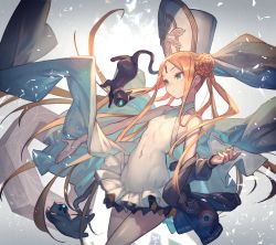 Rule 34 | 1girl, abigail williams (fate), abigail williams (swimsuit foreigner) (fate), abigail williams (swimsuit foreigner) (second ascension) (fate), bare shoulders, black jacket, blonde hair, blue eyes, cat, covered navel, creature, double bun, expressionless, fate/grand order, fate (series), floating clothes, frilled swimsuit, frills, glowing, hair bun, hat, highres, jacket, keyhole, lack, long hair, long sleeves, mitre, one-piece swimsuit, open hand, parted bangs, sidelocks, simple background, smile, solo, swimsuit, very long hair, white background, white one-piece swimsuit