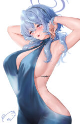 Rule 34 | 1girl, :d, ako (blue archive), ako (dress) (blue archive), armpits, arms up, bare shoulders, blue archive, blue dress, blue eyes, blue hair, blue halo, blush, breasts, commentary request, dress, halo, highres, large breasts, medium hair, obiwan, official alternate costume, open mouth, paid reward available, sideboob, signature, smile, solo, sweat, weisuoxin