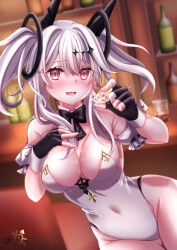 Rule 34 | 1girl, absurdres, adapted costume, azur lane, bar (place), black bow, black bowtie, blurry, blurry background, bottle, bow, bowtie, breasts, center opening, covered navel, detached collar, dutch angle, fingerless gloves, fleur-de-lis, gloves, grey hair, highres, indoors, irasuto neko35, joffre (azur lane), leotard, long hair, looking at viewer, medium breasts, playboy bunny, red eyes, solo, strapless, strapless leotard, twintails, white leotard, wrist cuffs