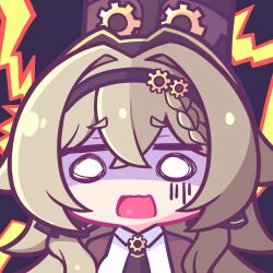 Rule 34 | 0 0, 1girl, aya chan1221, black background, black headband, brown hair, brown shirt, chibi, chibi only, hair between eyes, hat, headband, honkai (series), honkai impact 3rd, light brown hair, medium hair, multicolored hair, open mouth, partially shaded face, scared, shirt, solo, top hat, two-tone hair, vill-v