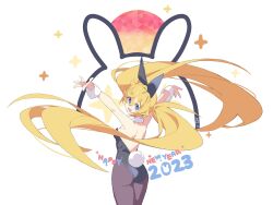 Rule 34 | :d, arms up, artist name, back, black leotard, black pantyhose, blonde hair, blue eyes, bright pupils, clear (djmax), commentary, djmax, djmax respect, english commentary, hair ornament, happy new year, highres, leotard, long hair, looking back, mamo c, new year, official art, open hands, open mouth, outstretched arms, pantyhose, rabbit tail, simple background, smile, star (symbol), tail, twintails, white background, white pupils, white wrist cuffs, wrist cuffs