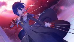 Rule 34 | 1girl, between fingers, black keys (type-moon), blue eyes, blue hair, breasts, chain-link fence, ciel (tsukihime), cloud, cross, cross necklace, dutch angle, feet out of frame, fence, full moon, highres, holding, holding sword, holding weapon, jewelry, long sleeves, looking at viewer, medium breasts, melty blood, melty blood: type lumina, moon, necklace, night, noco (adamas), nun, official art, outdoors, parted lips, rooftop, short hair, sidelocks, sleeve cuffs, solo, standing, sword, tsukihime, tsukihime (remake), weapon