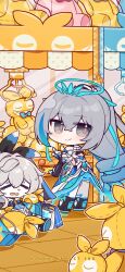 Rule 34 | 2girls, armor, bag, bare shoulders, bronya zaychik, bronya zaychik (herrscher of truth), chibi, closed mouth, colored inner hair, crane game, crossed bangs, detached sleeves, eta, green eyes, grey eyes, grey hair, halo, high ponytail, highres, homei (honkai impact), homu (honkai impact), honkai (series), honkai impact 3rd, long hair, looking at viewer, multicolored hair, multiple girls, official art, official wallpaper, on floor, open mouth, ponytail, project bunny, single drill, smile, streaked hair, white armor
