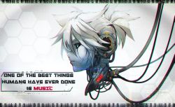 Rule 34 | 1boy, absurdres, android, black sclera, cable, colored sclera, colored skin, commentary, disembodied head, ei flow, english commentary, english text, expressionless, from side, green eyes, half-closed eyes, head, hexagon, highres, kagamine len, male focus, robot, solo, spiked hair, vocaloid, white hair, white skin