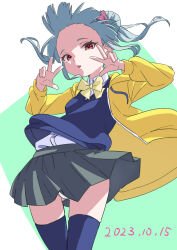 Rule 34 | 1girl, blue cardigan, blue hair, blue thighhighs, bow, bowtie, cardigan, double bun, double v, expressionless, flat chest, grey skirt, hair bun, highres, hyodou shizuku, idoly pride, jacket, looking at viewer, open clothes, open jacket, panties, panty peek, papiyon1297, parted lips, red eyes, skirt, solo, thigh gap, thighhighs, underwear, v, white panties, yellow jacket