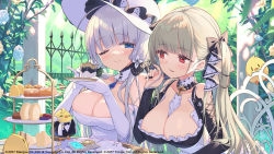 Rule 34 | 2girls, azur lane, bare shoulders, between breasts, bird, black dress, black nails, blue eyes, blue gemstone, blunt bangs, blush, breasts, cake, chair, chick, cleavage, closed mouth, collarbone, commentary request, cup, dress, earrings, elbow gloves, fence, food, formidable (azur lane), frilled dress, frills, gem, gloves, grey hair, hair ornament, hair ribbon, hand up, hat, holding, holding cup, illustrious (azur lane), jewelry, lace-trimmed headwear, lace trim, large breasts, long hair, looking at another, macaron, manjuu (azur lane), mole, mole under eye, multiple girls, nail polish, necktie, necktie between breasts, official art, one eye closed, outdoors, parted lips, red eyes, ribbon, sandwich, scone, sidelocks, sitting, smile, strapless, strapless dress, sun hat, table, tam-u, teacup, tiered tray, tree, tress ribbon, tri tails, twintails, two-tone dress, two-tone ribbon, upper body, very long hair, white dress, white gloves, white hair, white headwear