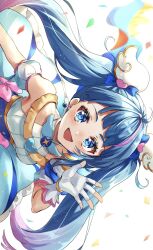 Rule 34 | 1girl, ahoge, blue eyes, blue hair, brooch, cape, cure sky, detached sleeves, earrings, fingerless gloves, gloves, highres, hirogaru sky! precure, jewelry, long hair, magical girl, muginome (bakuga chan2), open mouth, precure, puffy detached sleeves, puffy sleeves, single earring, single sidelock, smile, solo, sora harewataru, twintails, two-sided cape, two-sided fabric, white gloves, wing brooch, wing hair ornament