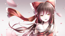Rule 34 | 1girl, :d, absurdres, blurry, blurry foreground, bow, brown hair, cherry blossoms, collarbone, detached sleeves, floating hair, frilled bow, frilled hair tubes, frills, hair between eyes, hair bow, hair tubes, hakurei reimu, head tilt, highres, jun (sky ia 127 snow), long hair, long sleeves, looking at viewer, open mouth, red bow, red shirt, shirt, sleeveless, sleeveless shirt, smile, solo, touhou, upper body, very long hair, white sleeves, yellow eyes, yellow neckwear