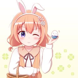 Rule 34 | 1girl, ;), animal ears, basket, black ribbon, blue eyes, blue flower, blush, brown background, brown hair, brown vest, closed mouth, clover, collared shirt, easter egg, egg, fake animal ears, flower, four-leaf clover, gochuumon wa usagi desu ka?, goth risuto, gradient background, hair flower, hair ornament, hairband, hand up, holding, hoto cocoa, long hair, long sleeves, looking at viewer, low twintails, neck ribbon, one eye closed, pinstripe pattern, pinstripe vest, rabbit ears, red flower, ribbon, shirt, smile, solo, striped clothes, striped vest, twintails, upper body, v-shaped eyebrows, vertical-striped clothes, vertical-striped vest, vest, white background, white hairband, white shirt
