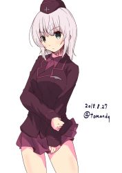 Rule 34 | 1girl, arm grab, black hat, black jacket, blue eyes, closed mouth, commentary, cowboy shot, dated, dress shirt, emblem, frown, garrison cap, girls und panzer, hat, head tilt, itsumi erika, jacket, kuromorimine military uniform, long hair, long sleeves, looking at viewer, military, military hat, military uniform, one-hour drawing challenge, pleated skirt, red shirt, red skirt, shirt, silver hair, simple background, skirt, solo, standing, tom q (tomtoq), twitter username, uniform, white background, wing collar
