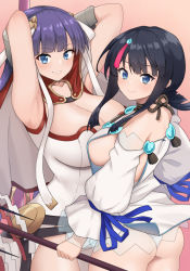 Rule 34 | 2girls, armpits, arms behind head, arms up, ass, back, bare shoulders, black hair, blue eyes, blue ribbon, blunt bangs, blush, breasts, capelet, cleavage, closed mouth, collarbone, dress, fate/grand order, fate/requiem, fate (series), fundoshi, gauntlets, grin, hair ribbon, highres, japanese clothes, jewelry, large breasts, long hair, long sleeves, looking at viewer, looking back, magatama, magatama hair ornament, magatama necklace, martha (fate), medium hair, multicolored hair, multiple girls, necklace, pelvic curtain, pink hair, polearm, pononozo, puffy long sleeves, puffy sleeves, purple hair, ribbon, short dress, sideboob, sideless outfit, smile, spear, staff, streaked hair, thighs, utsumi erice, weapon, white capelet, white dress