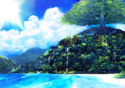 Rule 34 | cloud, day, forest, highres, matsumoto noriyuki, nature, no humans, ocean, original, scenery, sky, sunlight, tree, water