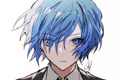 Rule 34 | 1boy, a d chi, black jacket, blue eyes, blue hair, closed mouth, collared shirt, eyes visible through hair, hair over one eye, jacket, looking at viewer, male focus, persona, persona 3, persona 3 reload, portrait, shirt, short hair, signature, simple background, solo, upper body, white background, white shirt, yuuki makoto (persona 3)