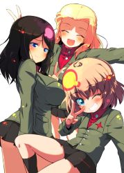 Rule 34 | 3girls, :d, black hair, black skirt, black socks, blonde hair, blue eyes, blush, breasts, clara (girls und panzer), closed eyes, closed mouth, commentary, emblem, girls und panzer, green jacket, grin, highres, jacket, katyusha (girls und panzer), large breasts, long hair, long sleeves, looking at another, looking at viewer, miniskirt, multiple girls, open mouth, outstretched arms, pleated skirt, pravda school uniform, red shirt, school uniform, sharp teeth, shirt, short hair, simple background, skirt, smile, socks, spread arms, standing, sw (taco), swept bangs, symbol-only commentary, teeth, thighs, turtleneck, v, wavy mouth, white background