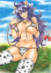 Rule 34 | 10s, 1girl, @ @, ahoge, alternate breast size, alternate costume, animal ears, animal print, bare shoulders, bell, bikini, blush, bow, breasts, collar, covered erect nipples, cow ears, cow girl, cow print, cow tail, cowbell, cowboy shot, creatures (company), cuffs, day, fake animal ears, game freak, groin, hairband, hex maniac (pokemon), highres, large breasts, long hair, marker (medium), messy hair, nail polish, navel, neck bell, nintendo, npc trainer, outdoors, parted lips, pokemon, pokemon xy, print bikini, print thighhighs, purple eyes, purple hair, purple nails, red bow, shackles, side-tie bikini bottom, sitting, solo, sweat, swimsuit, tail, tail bow, tail ornament, takecha, thighhighs, traditional media, wardrobe malfunction, wavy mouth
