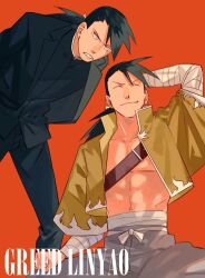 Rule 34 | 2boys, bandaged arm, bandages, black shirt, brown jacket, clenched teeth, closed eyes, closed mouth, dual persona, facing viewer, fullmetal alchemist, greed (fma), grey pants, highres, jacket, ling yao, male focus, mirin (coene65), multiple boys, navel, orange background, pants, pectorals, ponytail, shirt, simple background, sitting, teeth
