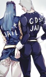 Rule 34 | 2boys, blue hair, from behind, fur hat, hat, jojo no kimyou na bouken, long hair, male focus, multiple boys, narciso anasui, rena (renasight), weather report
