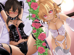 Rule 34 | blonde hair, bondage outfit, breasts, brown hair, cleavage, dominatrix, earrings, fishnets, flower, garter straps, gin (shioyude), gloves, jewelry, necklace, red eyes, thighs