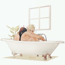Rule 34 | 1boy, 1girl, bathing, bathroom, bathtub, black hair, blonde hair, blue eyes, blush, cloud strife, commentary, couple, final fantasy, final fantasy vii, full body, heart, hetero, highres, hug, hug from behind, indoors, long hair, maiii (smaii i), mixed-sex bathing, nude, plant, potted plant, shared bathing, simple background, sitting, spiked hair, symbol-only commentary, tifa lockhart, toned, toned male, twitter username, window