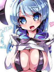 Rule 34 | :d, alternate costume, blue eyes, blue hair, breasts, cosplay, dated, double bun, elbow gloves, gloves, hairband, heart, kantai collection, large breasts, miuku (marine sapphire), open mouth, shimakaze (kancolle), shimakaze (kancolle) (cosplay), smile, solo, urakaze (kancolle), white background, white gloves