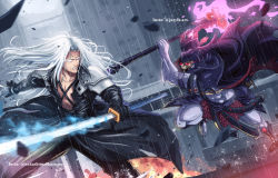 Rule 34 | 2boys, armor, artist name, battle, building, commentary, crossover, duel, english commentary, explosion, final fantasy, final fantasy vii, gloves, glowing, glowing eyes, highres, holding, holding staff, holding sword, holding weapon, hood, jazylh, long hair, male focus, masters of the universe, multiple boys, muscular, rain, red eyes, sephiroth, signature, silver hair, skeletor, skull, staff, sword, toy block, weapon