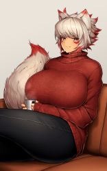 Rule 34 | 1girl, animal ears, black pants, breasts, colored tips, couch, cup, facial mark, grey eyes, highres, huge breasts, light smile, looking at viewer, makino momiji (artist), mug, multicolored hair, on couch, original, pants, red hair, red sweater, silver hair, sitting, sleeves past wrists, solo, steam, sweater, tail, thick eyebrows, turtleneck, turtleneck sweater, wolf ears, wolf girl, wolf tail