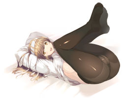 Rule 34 | 1girl, ass, bad id, bad pixiv id, breasts, brown eyes, brown hair, crotch seam, dress shirt, feet, hairband, hanpen, legs up, long hair, lying, no pants, on back, open clothes, open shirt, original, panties, panties under pantyhose, pantyhose, shirt, sideboob, small breasts, smile, soles, solo, toes, trefoil, underwear