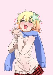 Rule 34 | 10s, 1girl, bad id, bad pixiv id, blonde hair, blue scarf, cardigan, drooling, gabriel dropout, gradient hair, green hair, hair between eyes, hair ornament, highres, july (july zz), looking up, multicolored hair, open mouth, orange hair, own hands clasped, own hands together, pink background, plaid, plaid skirt, red skirt, saliva, scarf, simple background, sketch, skirt, sleeves past wrists, solo, tapris chisaki sugarbell