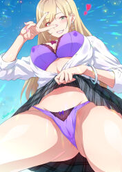 Rule 34 | 1girl, black skirt, blonde hair, bra, bracelet, breasts, clothes lift, commentary request, covered erect nipples, earrings, fingernails, green eyes, gyaru, highres, jewelry, joy ride, kogal, large breasts, lifted by self, long hair, long sleeves, looking at viewer, nail polish, original, panties, parted bangs, pink nails, plaid, plaid skirt, purple bra, purple panties, shirt, skirt, skirt lift, smile, solo, underwear, v, white shirt