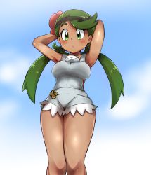 Rule 34 | 1girl, :c, armpits, arms behind head, arms up, bare arms, blue background, blush, breasts, closed mouth, cloud, collarbone, creatures (company), cutoffs, dark-skinned female, dark skin, feet out of frame, female focus, flower, from below, frown, game freak, green eyes, green hair, green hairband, hair flower, hair ornament, hair tie, hairband, highres, impossible clothes, legs together, long hair, looking down, low twintails, mallow (pokemon), medium breasts, nintendo, outdoors, overall shorts, overalls, pink shirt, pokemon, pokemon sm, robert m, shirt, sky, sleeveless, solo, standing, swept bangs, thick eyebrows, thighs, trial captain, twintails, white background