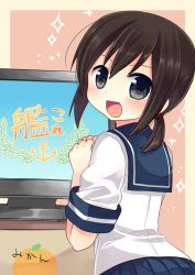 Rule 34 | 10s, 1girl, :d, black hair, blue eyes, blush, box, fubuki (kancolle), hands on own chest, kantai collection, logo, looking back, mikan box, nagasioo, open mouth, own hands together, pink background, ponytail, school uniform, serafuku, smile, television