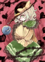 Rule 34 | 1girl, black hat, blouse, bow, commentary, crazy, crazy eyes, crazy smile, eyeball, frilled shirt collar, frilled sleeves, frills, green eyes, green hair, green skirt, hand on own face, hat, hat bow, hat ribbon, heart, komeiji koishi, mokumoku22, profile, ribbon, shirt, skirt, smile, solo, third eye, touhou, traditional media, wide sleeves, yellow bow, yellow pupils, yellow ribbon, yellow shirt