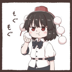 Rule 34 | 1girl, :t, black bow, black bowtie, black hair, black skirt, blush, border, bow, bowtie, brown border, buttons, closed mouth, collared shirt, commentary request, cowboy shot, eating, flat chest, food, food on face, hat, highres, looking at viewer, medium bangs, pom pom (clothes), poronegi, red eyes, red hat, rice, shameimaru aya, shirt, short hair, simple background, skirt, solo, tokin hat, touhou, wavy mouth, white background, white shirt