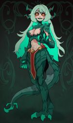 Rule 34 | abs, absurdres, basedbinkie, black sclera, claws, colored sclera, colored tongue, dragon girl, dragon horns, green tongue, highres, horns, non-web source, original, tail