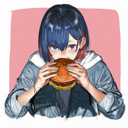 Rule 34 | 1girl, alternate costume, blue eyes, blue hair, blue nails, blush, border, burger, colored inner hair, commentary, cropped torso, denim, denim jacket, earrings, eating, food, food on face, hair behind ear, hands up, highres, holding, holding food, hood, hood down, hoodie, isshiki (ffmania7), jacket, jacket over hoodie, jewelry, kamitsubaki studio, looking at viewer, multicolored eyes, multicolored hair, open clothes, open jacket, pink background, red eyes, red hair, rim (kamitsubaki studio), ring, short hair, simple background, sleeves past elbows, sleeves rolled up, solo, stud earrings, symbol-only commentary, upper body, white border, white hoodie, yellow pupils