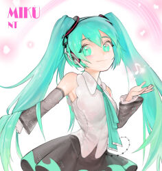 Rule 34 | 1girl, aqua eyes, aqua hair, aqua necktie, blue eyes, character name, closed mouth, detached sleeves, grey shirt, happy, hatsune miku, hatsune miku (nt), highres, long hair, looking at viewer, necktie, rehut, shirt, skirt, sleeveless, sleeveless shirt, smile, solo, twintails, very long hair, vocaloid
