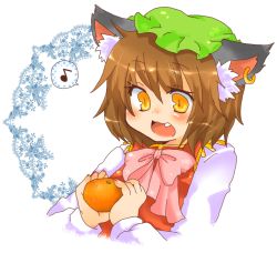 Rule 34 | 1girl, animal ears, bad id, bad pixiv id, brown hair, cat ears, cat girl, chen, earrings, fang, female focus, food, fruit, hat, holding, holding food, holding fruit, jewelry, musical note, open mouth, orange (fruit), pun, ribbon, short hair, solo, takamura, touhou, yellow eyes
