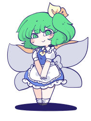 Rule 34 | 1girl, alternate costume, apron, black footwear, blue dress, blush stickers, chahan (fried rice0614), closed mouth, daiyousei, dress, enmaided, fairy, fairy wings, frilled apron, frills, full body, green eyes, green hair, highres, maid, maid apron, shoes, short hair, side ponytail, simple background, smile, socks, solo, touhou, waist apron, white apron, white background, white socks, wings