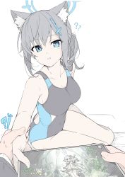 Rule 34 | !?, 1girl, ?, ??, absurdres, animal ear fluff, animal ears, bare arms, black one-piece swimsuit, blue archive, blue eyes, breasts, competition swimsuit, cross hair ornament, earrings, extra ears, genshin impact, grey hair, hair ornament, halo, highres, holding, holding another&#039;s wrist, holding tablet pc, jewelry, looking at viewer, looking to the side, masabodo, medium breasts, nahida (genshin impact), official alternate costume, one-piece swimsuit, parted lips, ponytail, pov, pov hands, revision, shiroko (blue archive), shiroko (swimsuit) (blue archive), simple background, sitting, swimsuit, tablet pc, white background