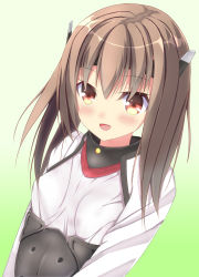 Rule 34 | 10s, 1girl, blush, brown eyes, brown hair, gradient background, green background, hair between eyes, headgear, highres, kantai collection, long hair, looking at viewer, short hair, solo, taihou (kancolle), tukisiro nao, upper body